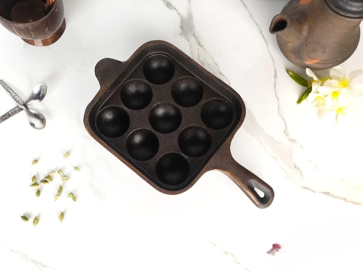 Paniyaram Pan Cast Iron - 9 Pit Square Induction Based- Long Handle .